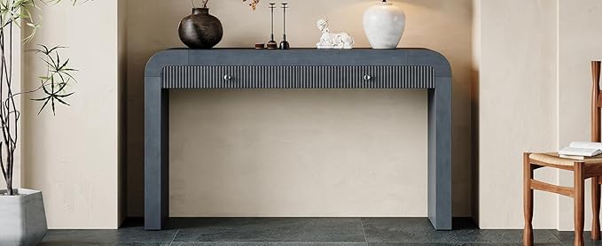 54.3" Curved Console Table with Fluted Drawer, Rustic Entryway Table and Thick Legs, Sturdy Sofa Table for Hallway & Living Room Wood (Dark Navy)