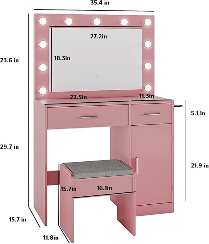 Vanity, Vanity Desk with Mirror, Large Drawer and Power Socket with 11 Light Bulbs and 3 Adjustable Lighting Modes, Vanity Table Ideal for Bedroom (Pink)