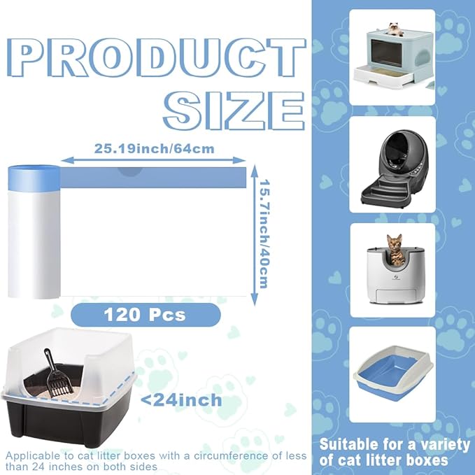 120 Pack Cat Litter Bags with Drawstring, Compatible with Litter Robot 3 & 4, Self Cleaning Cat Litter Box Liners, 10-12 Gallons