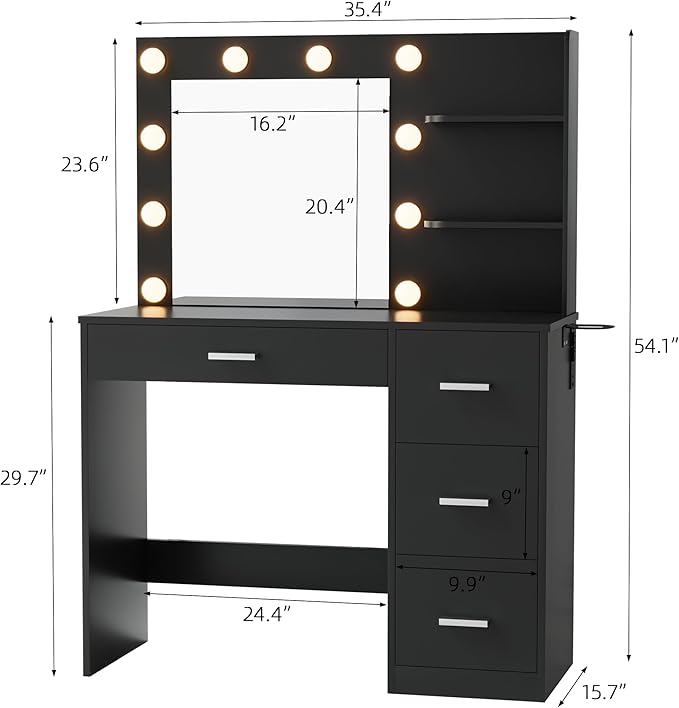 YESHOMY Vanity Desk with Mirror, 10 Lights, Power Outlet and 3 Storage Shelves, Makeup Table with 4 Drawers, 3 Color Modes, for Bedroom, Black