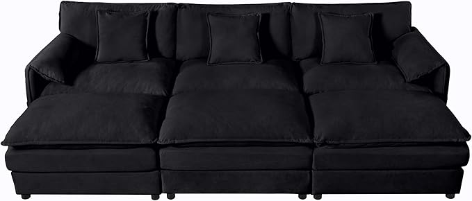 109.45" Oversized Extra Deep Seat Modern Chenille Cloud Couch, Large 3 Seater Modular Sofa for Living Room,Convertible Sofa Bed,Bedroom Apartment Office(Black, 109.45 Inch+3Ottoman)