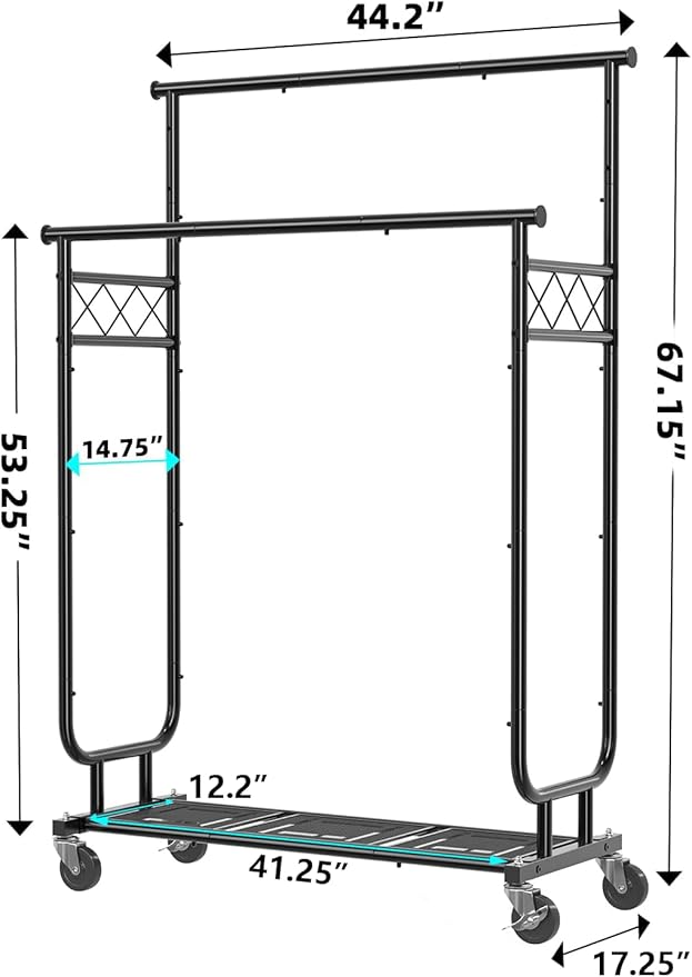 Clothes Rack Heavy Duty Load 450 LBS, 44 Inch Double Rod Rolling Clothing Rack for Hanging Clothes, Metal Garment Rack with Shelves, Wardrobe Rack Portable Closet, Black