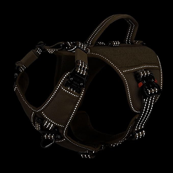 ICEFANG GN8 Tactical Dog Harness with 4X Metal Buckles for Small Sized Dogs,Reflective in Training Walking K9 Vest,No-Pull Front Leash Clip,Adjustable Pet Harness (Brown, Small (Pack of 1))