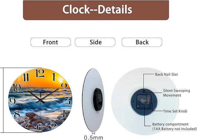 Blue Wall Clocks Battery Operated 14 Inch Beach Wall Clock for Bedroom Glass Wall Clock Silent Non Ticking