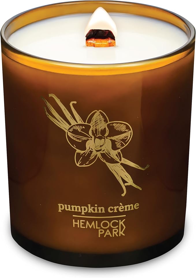 Hemlock Park Amber & Gold Wood Wick Candle Handcrafted with Natural Coconut Wax (Large 14 oz, Pumpkin Crème)