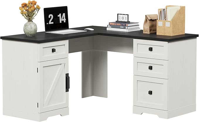 GarveeHome 60" Executive L Shaped Desk, Farmhouse Home Office Desk with File Drawers and Storage Cabinet, Corner Computer Desk with Adjustable Side Storage Cabinet (Black)