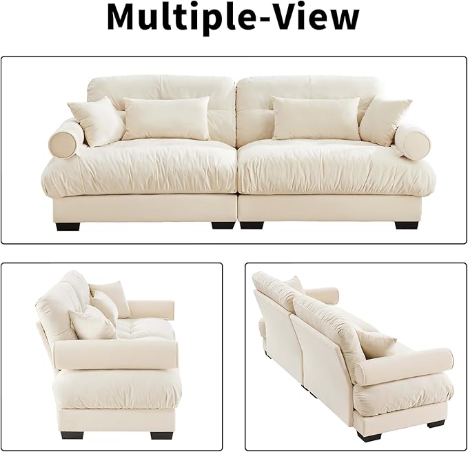 93.7” Loveseat Sofa, 2 Seater Modular Sectional Sofa, Beige White Large Sectional Couches for Living Room, Fluffy Couch Set, Love Seat, Velvet Cloud Couch with 4 Pillows, Deep Seat for Living Room