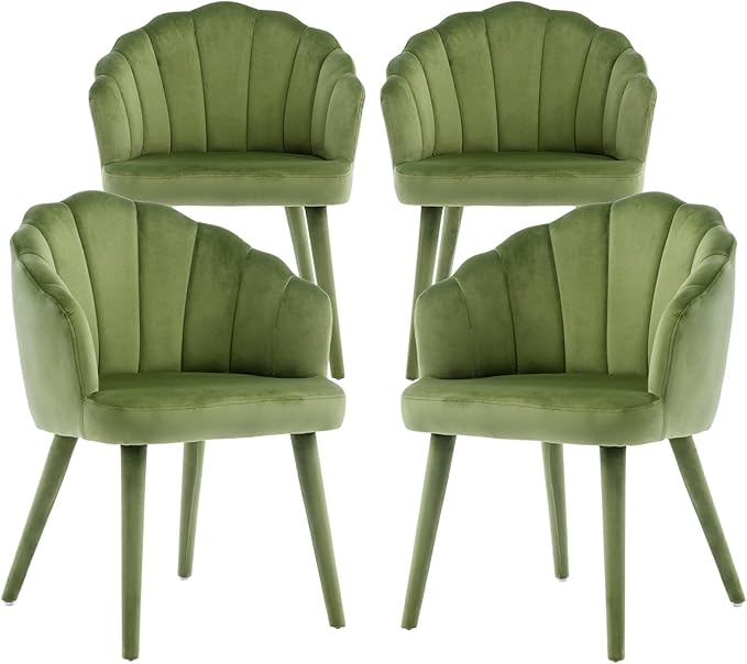 Velvet Dining Chairs Set of 4 Modern Living Room Chairs with Petal Back & Wood Legs Comfy Upholstered Side Chair for Dining Room/Bedroom/Vanity, Olive