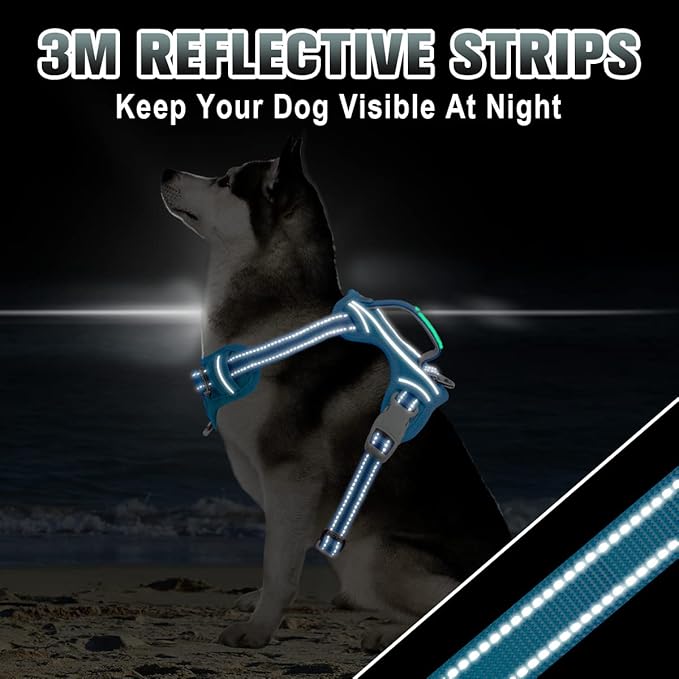 BARKBAY No Pull Dog Harness Large Reflective Dog Harness with Front Clip and Easy Control Handle for Walking Training Running with ID tag Pocket(Blue,S)