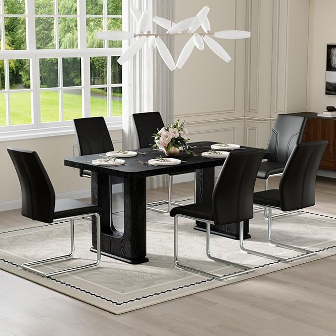64.5" Black Dining Table Set for 6, Modern Kitchen Table and Chairs Set with PU Leather Cushioned Chairs & Decorative Pedestal Base, 7 Piece Wood Grain Dining Table Set for Dining Room or Kitchen