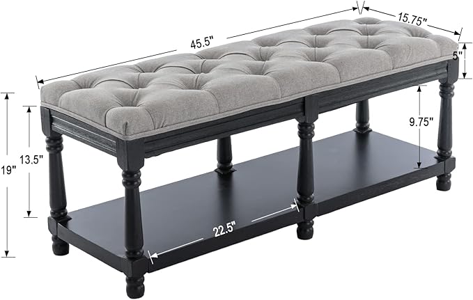 DUOMAY Mid-Century Tufted Storage Bench with Shelf, Linen Upholstered Farmhouse Entryway Shoe Bench Ottoman Bed End Stool for Bedroom Living Room Dining Room, Black Wood Frame, Grey