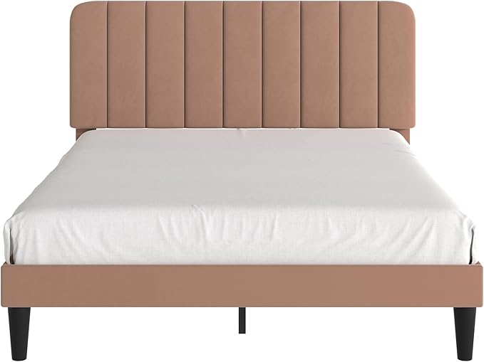 VECELO Queen Size Bed Frame with Upholstered Headboard, Velvet Platform Bedframe Mattress Foundation, Strong Wood Slat Support, No Box Spring Needed,Tan Brown