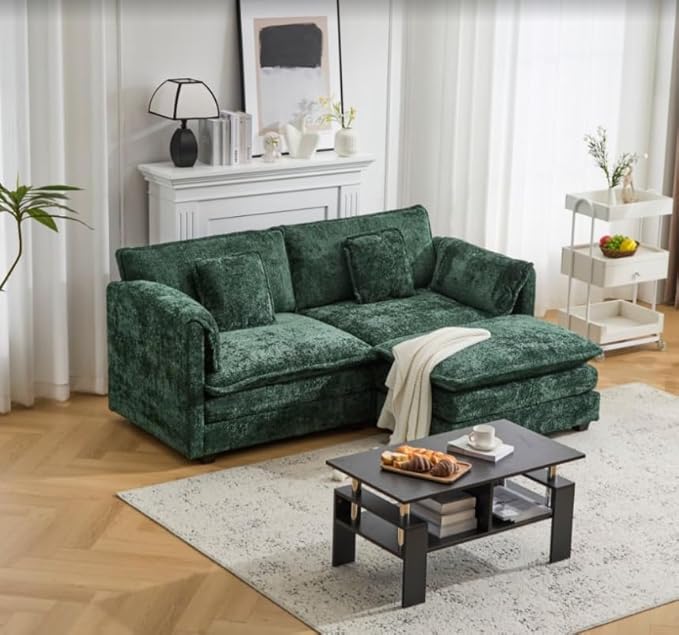 76.2" Modular Sectional Sofa with Movable Ottoman, Deep Seat couches for Living Room, 2 Seater Loveseat Sofa, L Shaped Comfy Cloud Couch with Removable Cover, Armrest Pillow (Green)