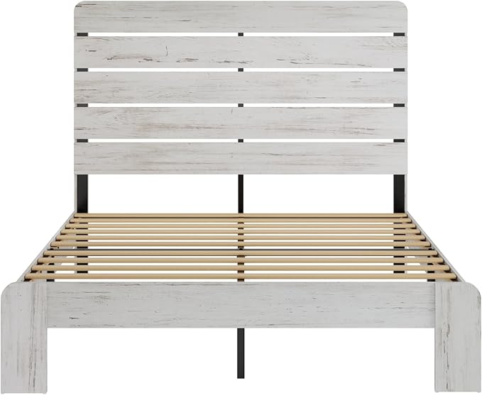 Queen Size Bed Frame with Wooden Headboard and Footboard, Rustic Platform Bedframe, Wood Slats Support, No Box Spring Needed, Under Bed Storage, Easy Assembly, White