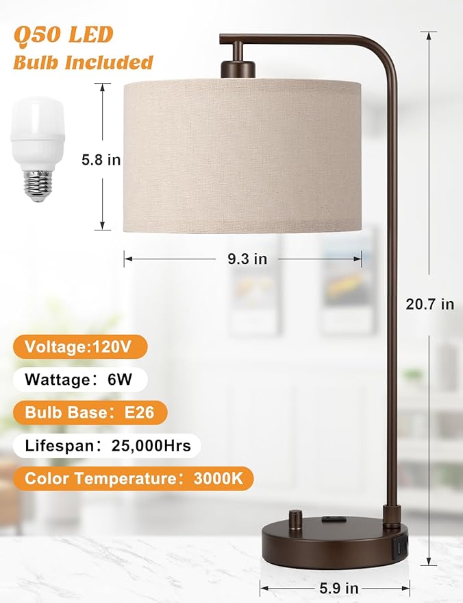 Innqoo Brown Side Table Lamp with USB Port and Outlet, Dimmable Nightstand Bedside Lamps with Linen Lampshade, Desk Lamp for Bedroom, Living Room, Guest Room, Home Office, LED Bulb Included