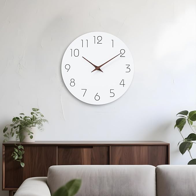 Mosewa Wall Clock 12 Inch Silent Non Ticking Battery Operated Wooden White Modern Office Simple Minimalist Clock Decorative for Kitchen Home Bathroom Living Room