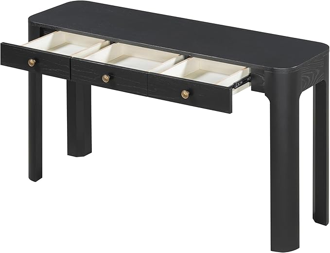 52“ Rustic Console Table with Curved Corners for Safety, Entryway Table with 3 Concealed Drawers, Sturdy Sofa Table with Thick Legs for Hallway & Living Room(Black)