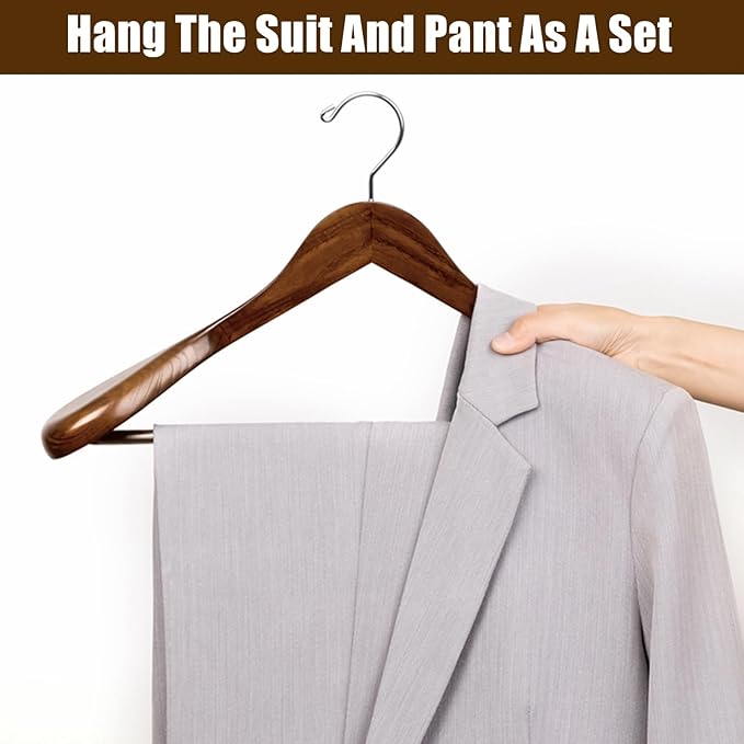 Amber Home 6 Pack Walnut Wide Shoulder Wooden Suit Coat Hangers with Non Slip Pants Bar, Solid Wood Jacket Clothes Hangers Smooth Finish for Sweater, Pants, Heavy Clothes (Walnut, 6 Pack)