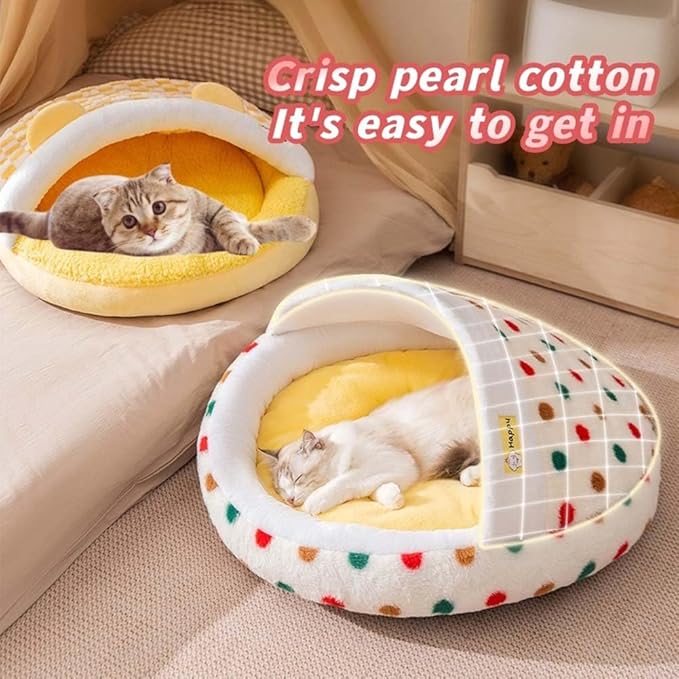 Plush Cat Bed for Indoor Cats,Calming Cozy Cave with Self-Warming,Cat Cave Pet Sleeping Bag for Puppy and Kitty,Shell Shaped Washable Pet Bed for Small Cats & Dogs (Colorful,S-19 x 19 x 4 in)