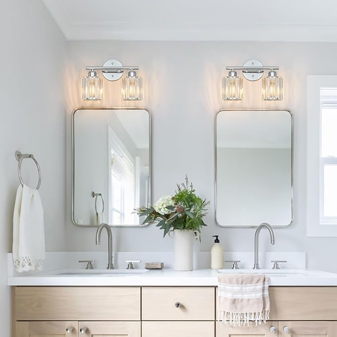 Modern 2 Light Crystal Vanity Light, Chrome Vertical Bathroom Light Fixture Over Mirror for Dressing Table Sink, Compatible with Dimmable Bulbs (Bulbs Not Included)