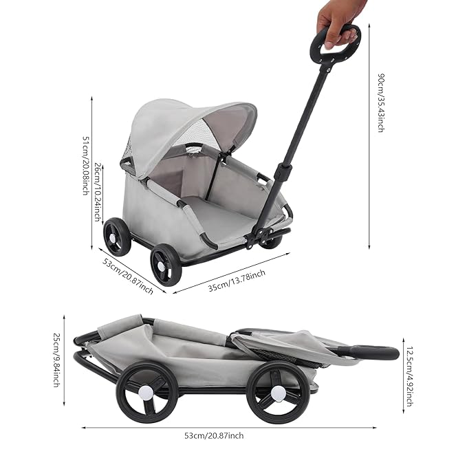 Small Dog Stroller, Pet Stroller for Shopping Walking, 4 Wheels Folding Dog Cart, for Cats/Dogs Weighing Less Than 15.43 Pounds (Grey)
