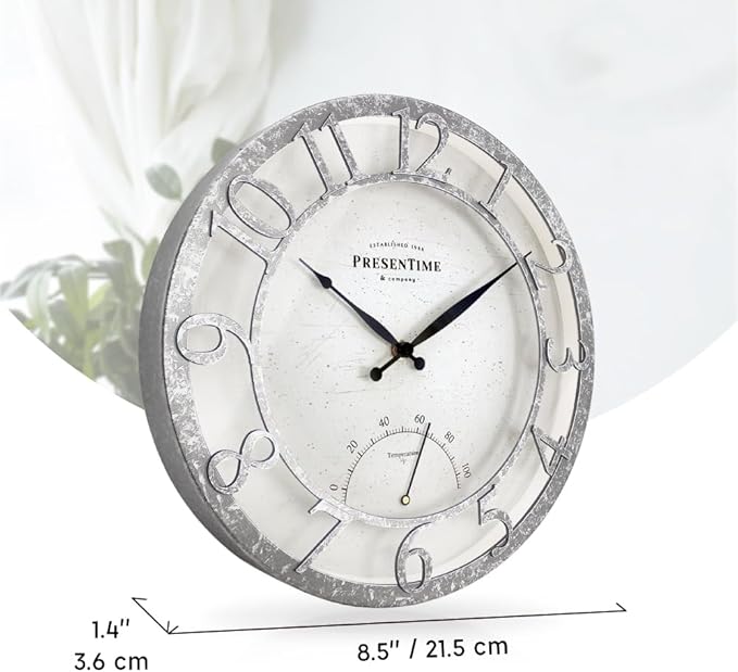 Presentime & Co 13" Farmhouse Outdoor Wall Clock w/Outdoor Thermometer, Farmhouse Style, Raised 3D Arabic Numerals, Faux Galvanized Finish (Wall Clock for Patio, Cottage, Poolside, Garden Spaces)