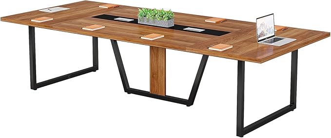 LITTLE TREE 8FT Conference Table for 10 People, Large Meeting Table, Modern Conference Room Tables with Cable Management, Training Tables with Strong Metal Legs for Office, Brown