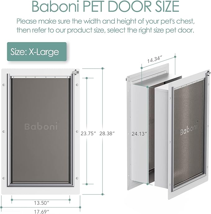 Baboni 3-Flap Pet Door for Wall, Steel Frame and Telescoping Tunnel, Aluminum Lock, Double Flap Dog Door and Cat Door, Strong and Durable (Pets Up to 220 Lb) -X-Large