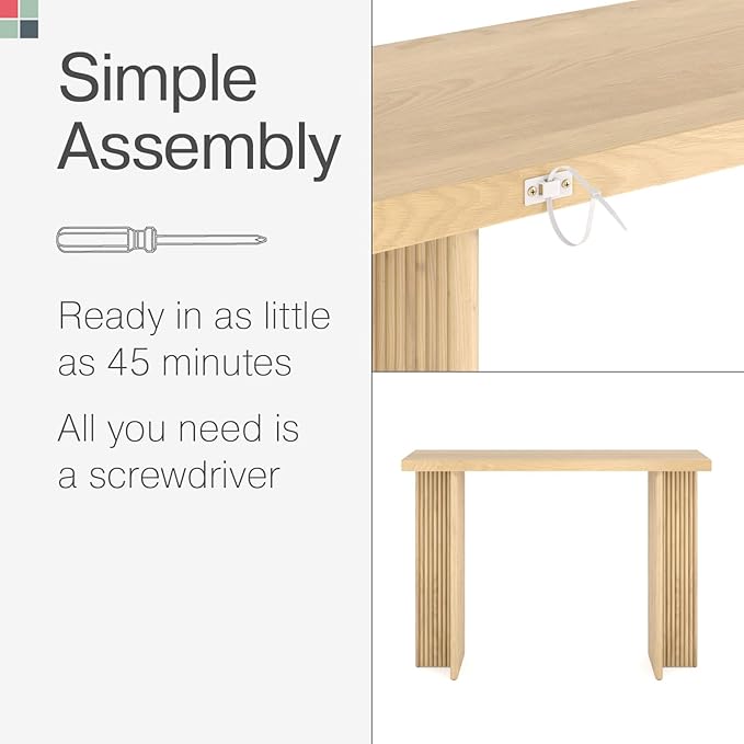 Modern Console Table - Natural Oak, Fluted Solid Wood - Slim Entryway Table with Drawers & Curved Cross Base