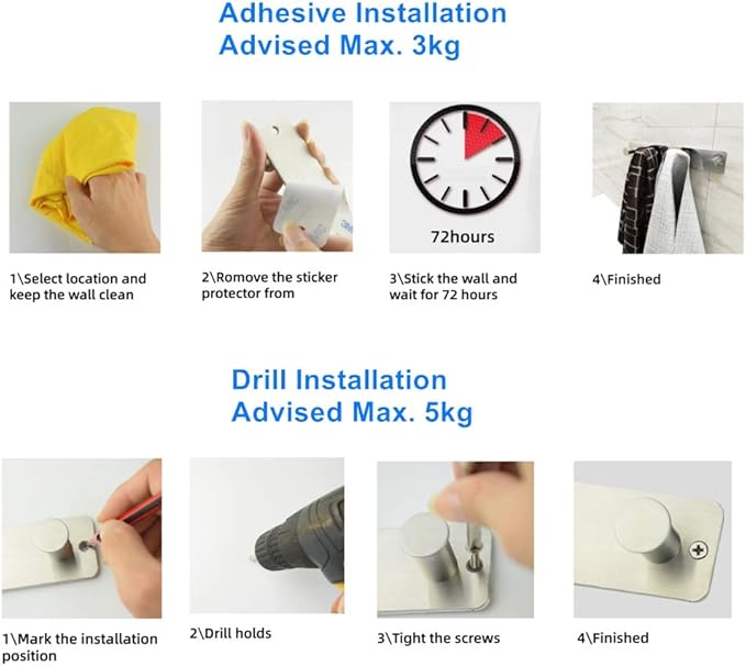 Coat Rack Wall Mounted, Black Coat Hooks Adhesive & Screw in, Stainless Steel Door Hooks for Hanging Hat Towels Clothes, Hook Rail with 6 Round Hangers