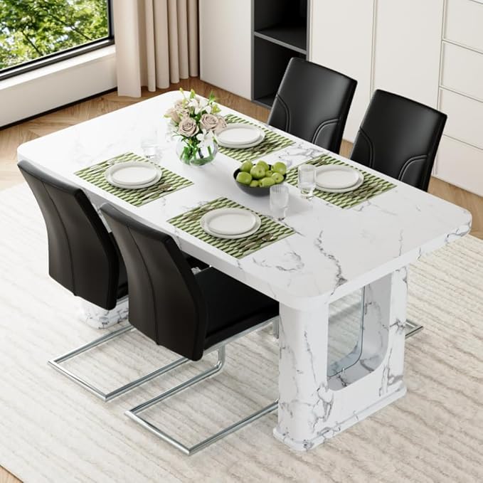 64.5" White Dining Table Set for 4, Modern Kitchen Table and Chairs Set with PU Leather Cushioned Chairs & Decorative Pedestal Base, 5 Piece Marble Pattern Dining Table Set for Dining Room or Kitchen