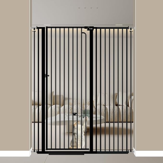 57" Extra Tall Cat Gate for Doorways 43.31'' - 48.03'' Wide Pet Gate Indoor, Pressure Mounted Walk Through Safety Metal Gates for Stairs, Extra Wide Baby Gaye for Child Kids Puppy Dogs Cats (Black)