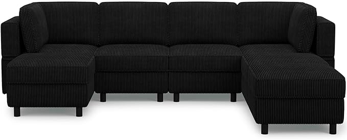 114.2" Modular Sectional Sofa with Deep Storage Seat,Corduroy 7 Seat U Shaped Sofa Couch,Modular Sofa Couch with Movable Ottoman Chaise,Upholstered Sectional Couches for Living Room,Black