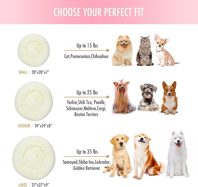 Anti Anxiety Round Fluffy Plush Faux Fur Warm Washable Dog Bed & Cat Bed, Original Bed for Small Medium Large Pets,Used to Relieve Joints and Improve Sleep(20"/24"/27'') (24", White)