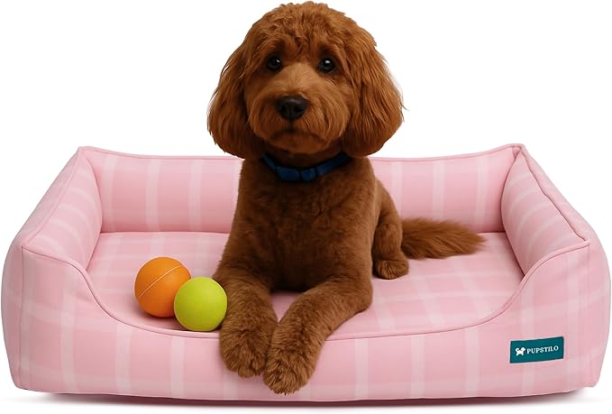 Orthopedic Bolster Dog Bed β CertiPUR-US Foam, Recycled Polyester Canvas, Washable Cover, Anti-Slip Bottom, Large, Pink Check β Stylish Designer Dog Sofa