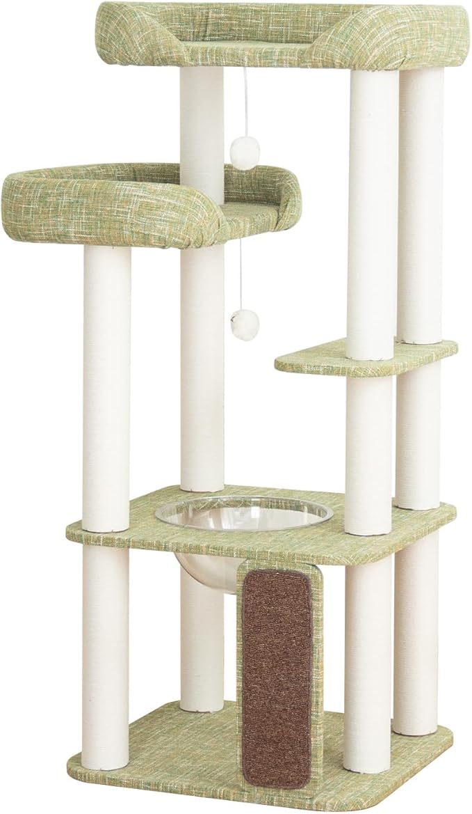 53'' Wooden Cat Tree Tower for Indoor Cats, Modern Natural Wood Cat Furniture with Cozy Beds, Scratching Post and Clear Hammock for Kittens and Adult Cats (Green 53'')