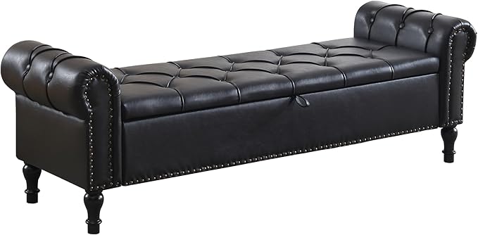 Leather Storage Bench 67 Inch Upholstered Tufted Ottoman Bench with Arms King Size End of Bed Bench for Bedroom Living Room Entryway Black