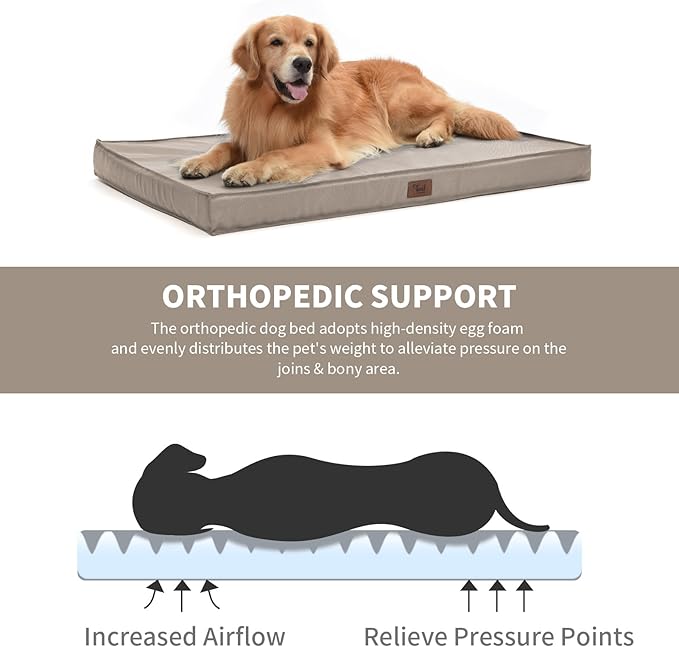 Outdoor Large Dog Bed, Waterproof Dog Bed for Large Dogs, Egg Crate Foam Pet Bed with Removable Washable Oxford Cooling Cover, Khaki