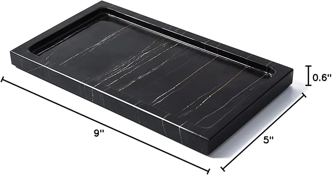 Natural Real Marble Bathroom Vanity Tray Countertop 9'' Makeup Organizer for Dresser, Guest Towel Holder Tray Napkin Holder for Bathroom (Black)