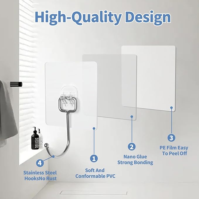 Adhesive Wall Hooks for Hanging - 60lb Heavy Duty Waterproof & Rustproof, Sticky Hooks for Walls No Damage, Kitchen/Bathroom/Rental (Ganchos para Pared) 10-Pack