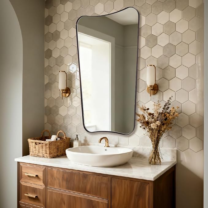 ANDY STAR 30"x48" Large Bathroom Mirror, Brushed Bronze Mirror for Over Sink, Irregular Shaped Mirror in Premium SUS304 Thin Frame, Italian Curved Frame, Ideal for Bathroom, Powder Room, Entryway