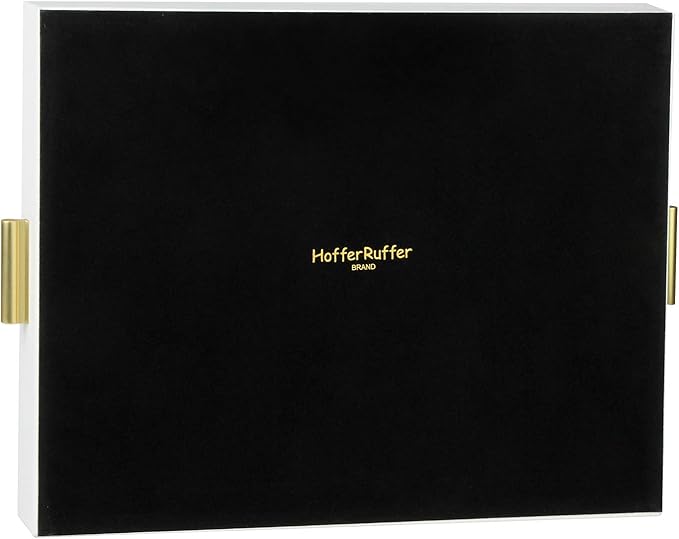 HofferRuffer Extra Large Serving Tray with Handles, Elegant Faux Leather Storage Decorative Tray for Coffee Table, Ottoman, Console Table (White Tray+Golden Handle)