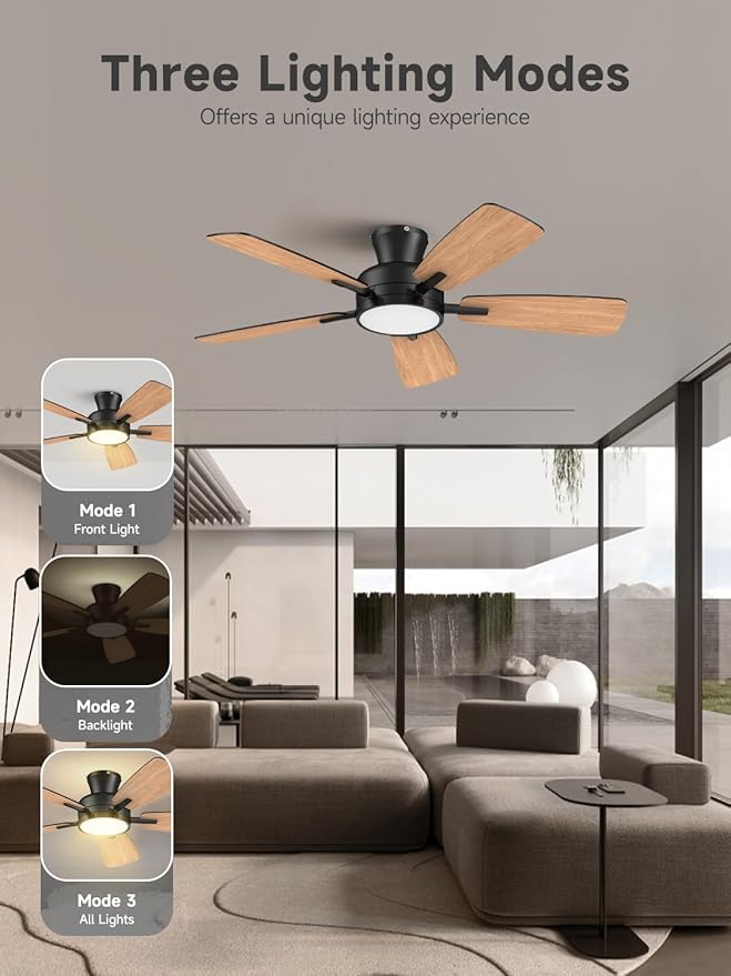 TALOYA Ceiling Fans with Lights and Remote, 46 Inch Low Profile Ceiling Fan with Light, Flush Mount, Reversible, 3CCT, Dimmable Black Modern Ceiling Fan for Bedroom, Living Room, Outdoor Patio