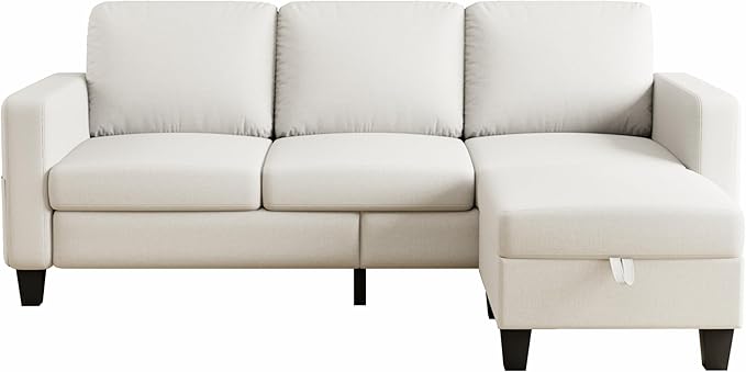 Sectional Sofa Couches for Living Room, 78'' Beige 3 Seater L-Shaped Couch with Storage Ottoman, Comfy Fabric Convertible Sectionals Sofas with Chaise for Apartment, Office, Small Space