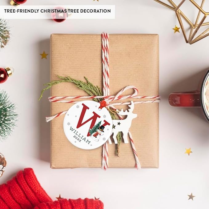Andaz Press Personalized Christmas Ornament, Custom Name, Initial W Monogram Snowman 2.8" Ceramic Porcelain 2025 Christmas Ornament Keepsake for Kids, Boys, Girls, Initial Ornaments, 1-Pack