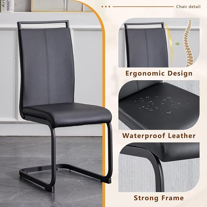 63'' Glass Dining Table Set for 6, Kitchen Table Chairs Set of 6, Clear Glass Dining Table with Black unique design Leg and Silver Metal Base, 6 PU Dining Chairs with Metal Legs, Living Room, Kitchen.