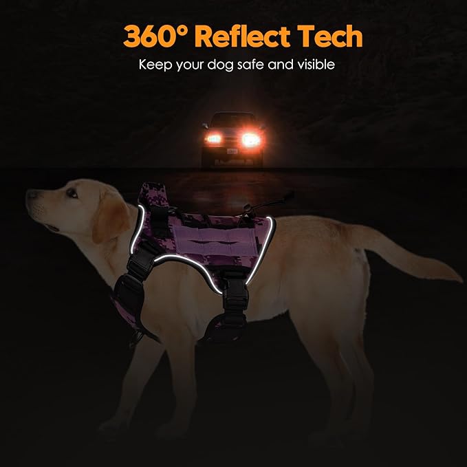 Heavy-Duty Tactical Dog Harness for Large Dogs, No Pull Adjustable Reflective Pet Vest with Molle System, K9 Military-Grade Control for Service Training, Outdoor & 10+ Breeds, Purple Camo, Medium