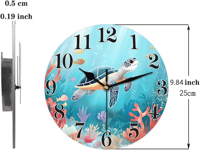 Cute Ocean Sea Turtle Wall Clock Battery Operated 10 in Round Wall Clocks Slilent Non Ticking Quartz Analog Clock for Bedroom Kids Living Room Classroom Decor