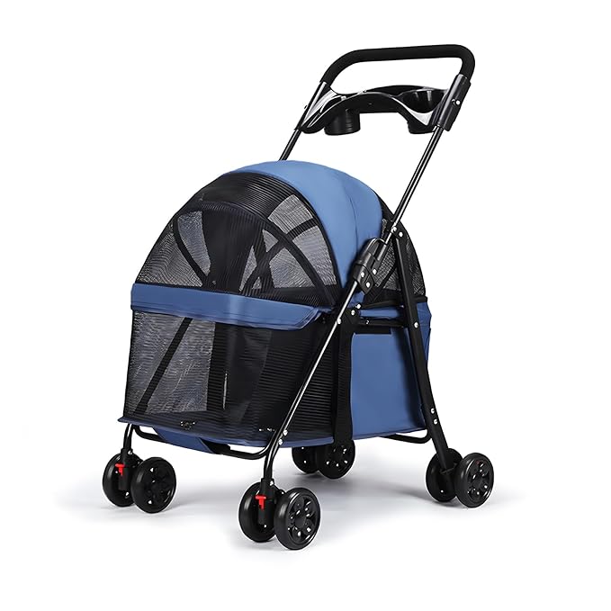 Pet Stroller, Dog Stroller for Small and Medium Dogs Cats with 360° Wheels, Folding Puppy Strollers with Dual Brake, Large Storage Basket, Breathable Mesh, Cup Holder, Removable Top (Navy Blue)