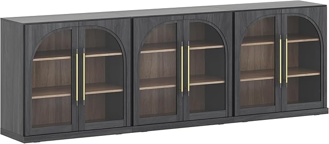BELLEZE Set of 3 Modular Sideboard with Arched Glass Door, Accent Display Buffet Cabinet with Storage and Adjustable Shelves,Classic Modern Credenza for Dining Room Living Room Entryway (Ebony)
